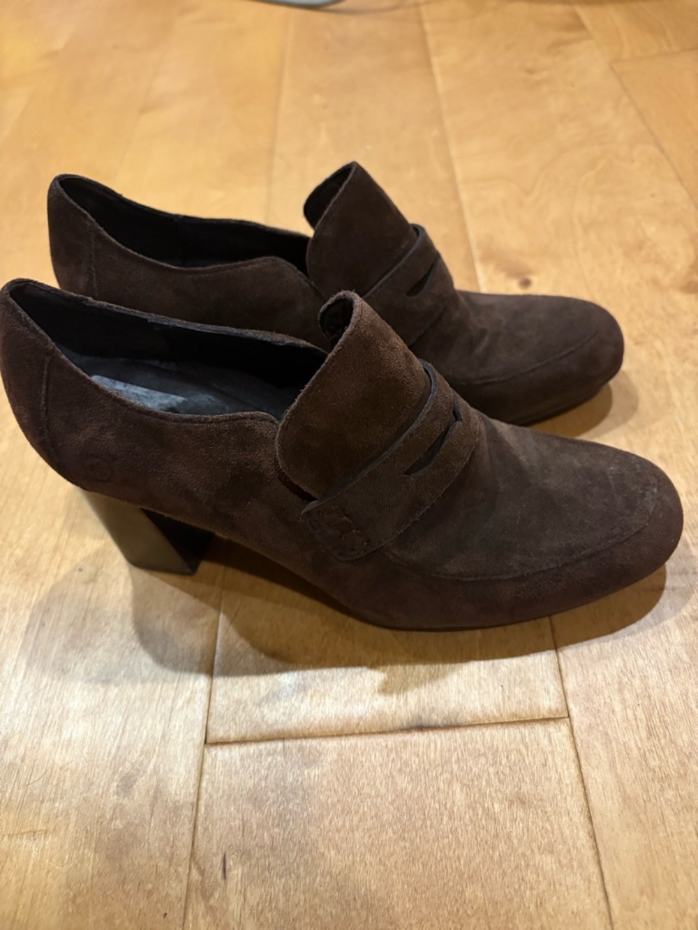Born Tyndall penny loafer block heels suede shoes brown sz 7.5